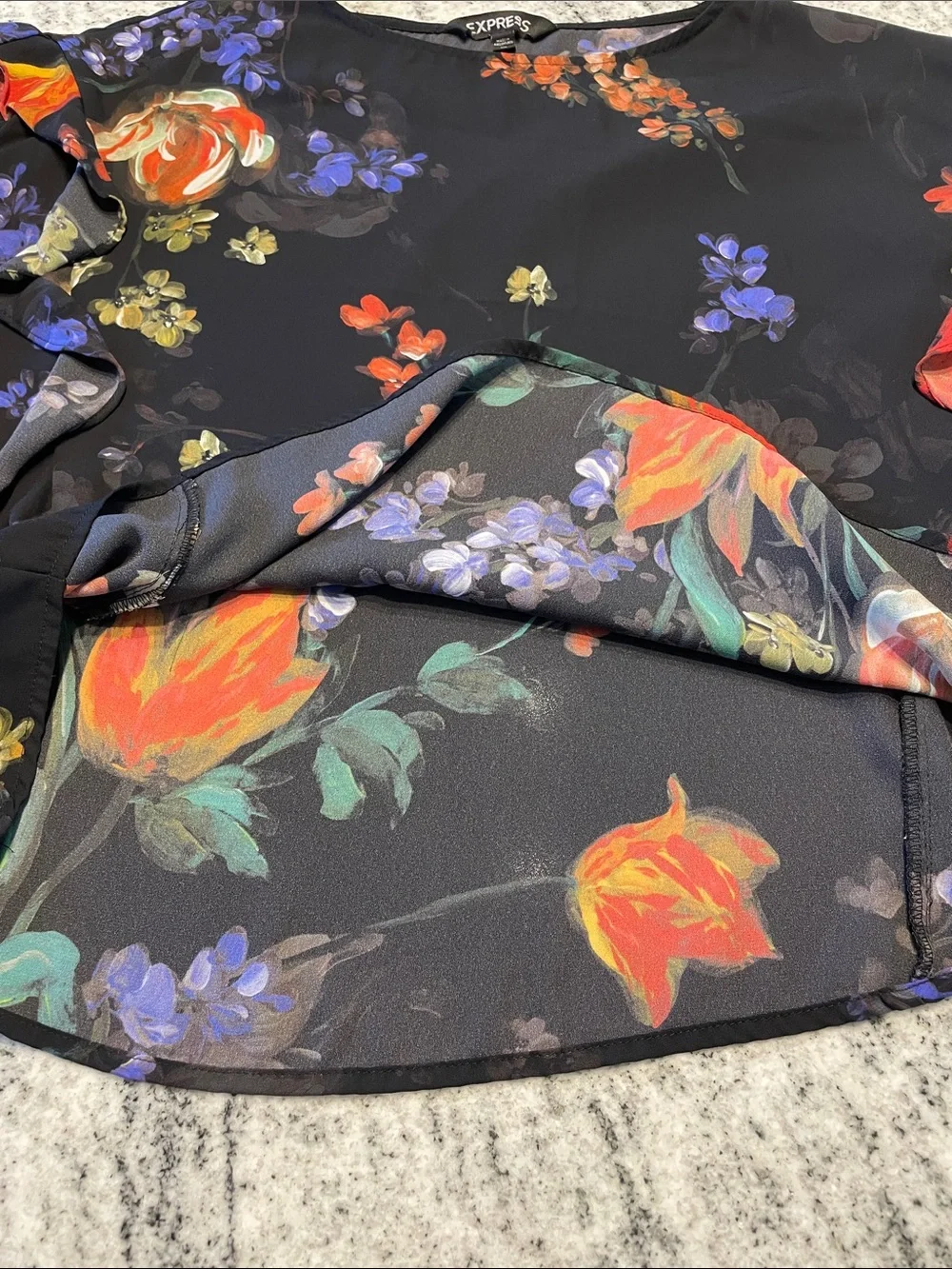 Express Oversized Ruffle Floral Short Sleeve Blouse Shirt Extra Small
